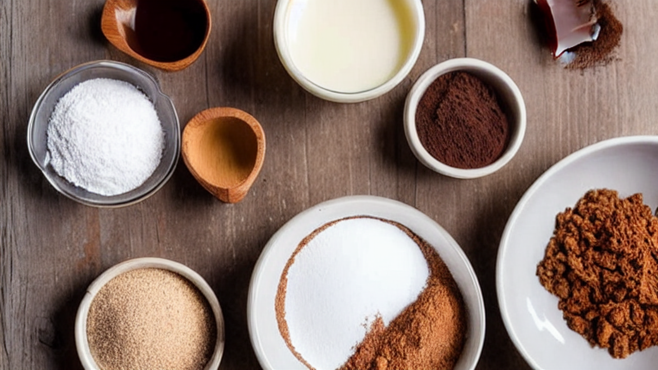 Grab your mug and these 5 ingredients: cocoa powder, sugar, egg, milk, oil, and 