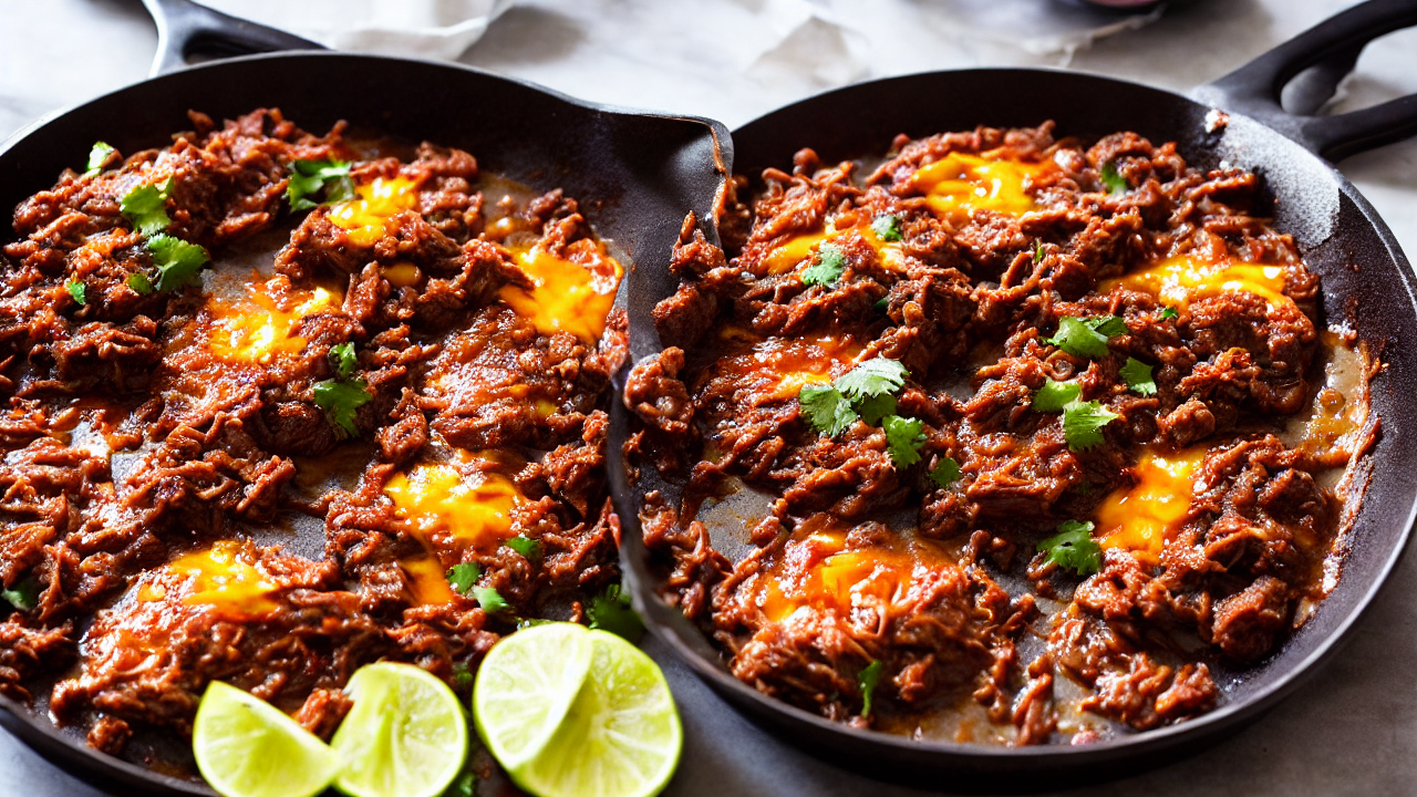 Dip corn tortillas in the birria fat, then fill with shredded beef and a generou